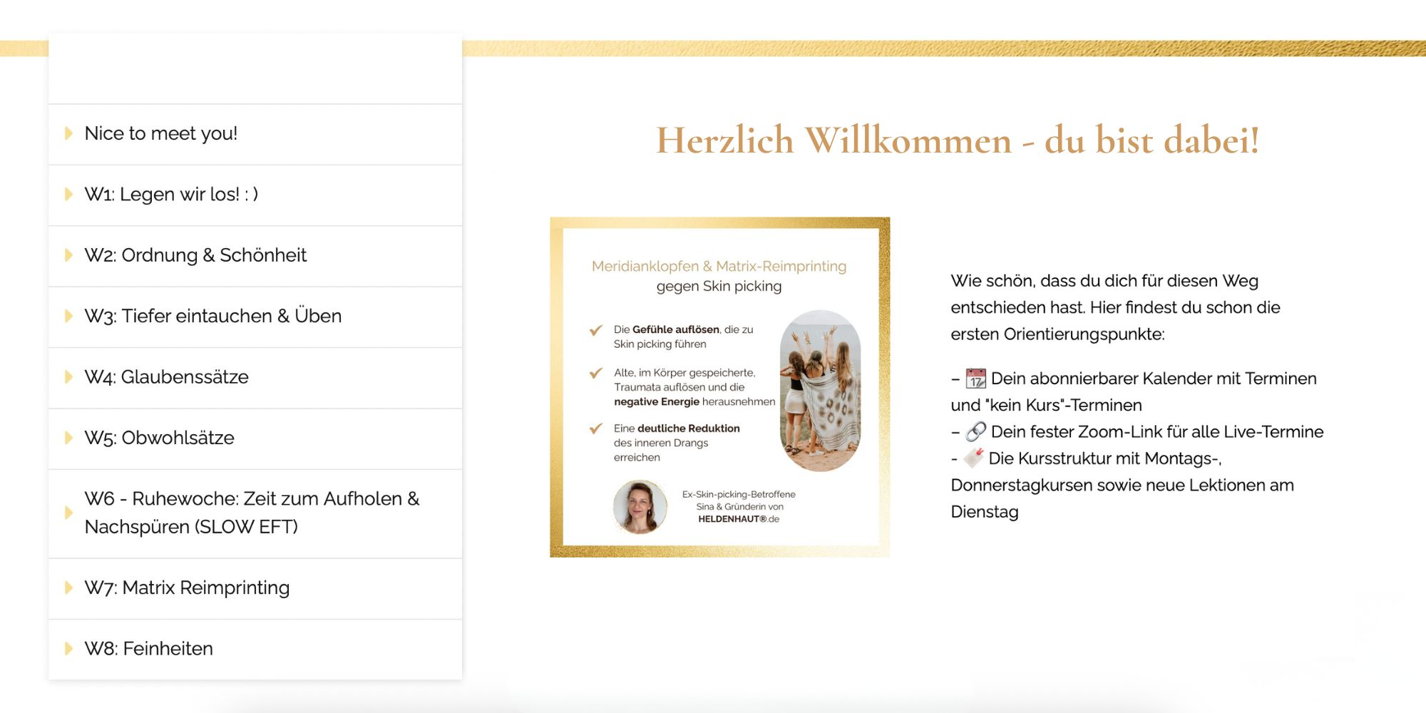 Inhaltsverzeichnis neu Onlinekurs Kursübersicht Herzlich Willkommen im Kursbereich "Meridianklopfen und Matrix Reimprinting gegen Skin picking"