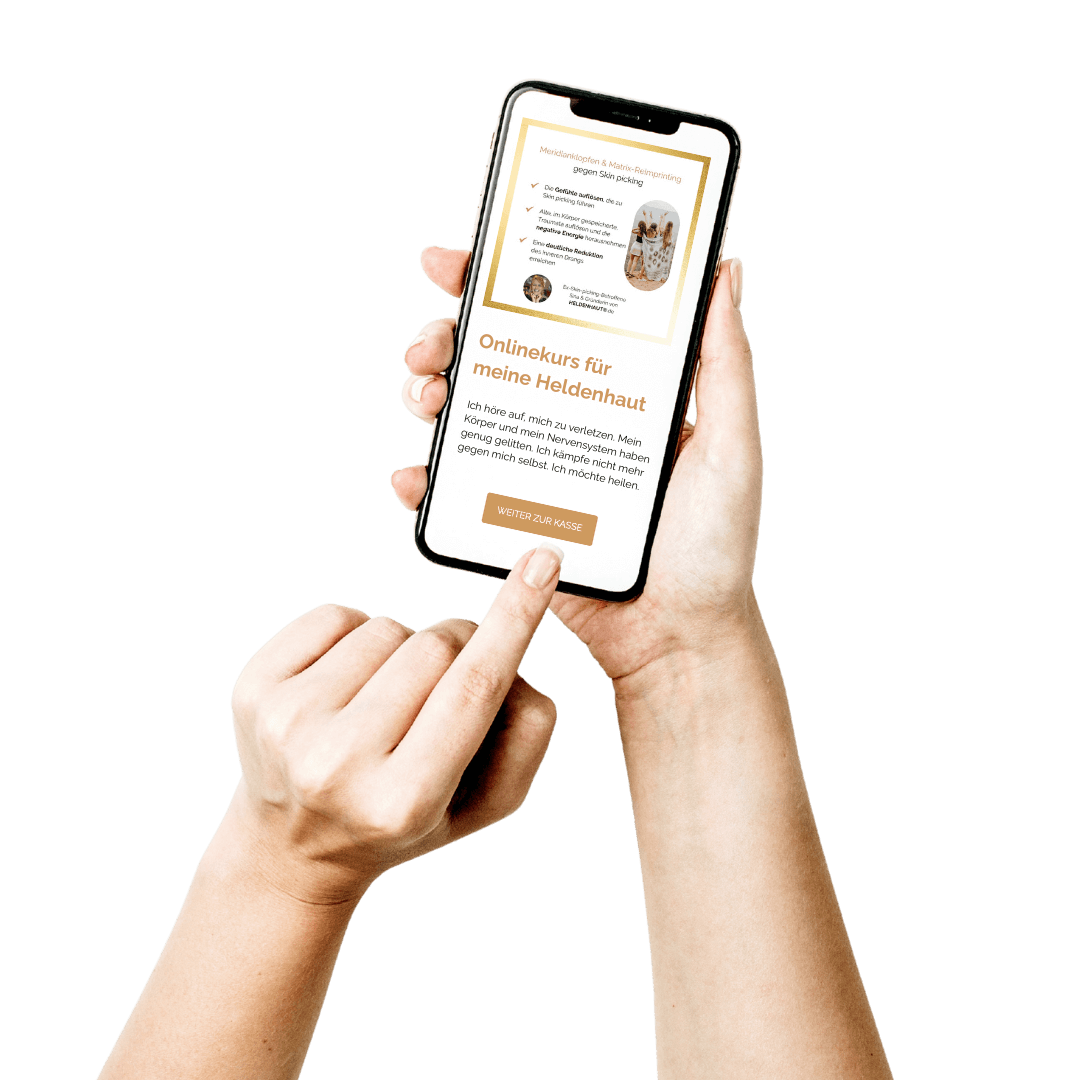 Mockup Onlinekurs Skin picking jetzt buchen Ich höre auf, mich zu verletzen. Mein Körper und mein Nervensystem haben genug gelitten. Ich kämpfe nicht mehr gegen mich selbst. Ich möchte heilen.