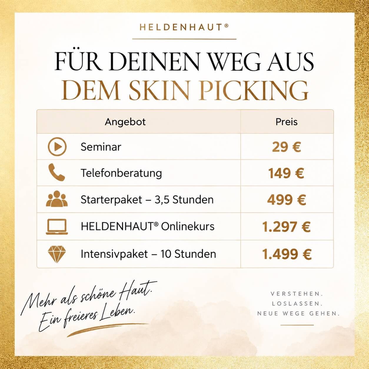 Seminar 29 Euro, Telefonberatung 149 Euro, Starterpaket 3,5 Std für 499 Euro, Heldenhaut Onlinekurs für 1.297 Euro, Intensivpaket 10 Stunden mit Sina für 1.499 Euro
