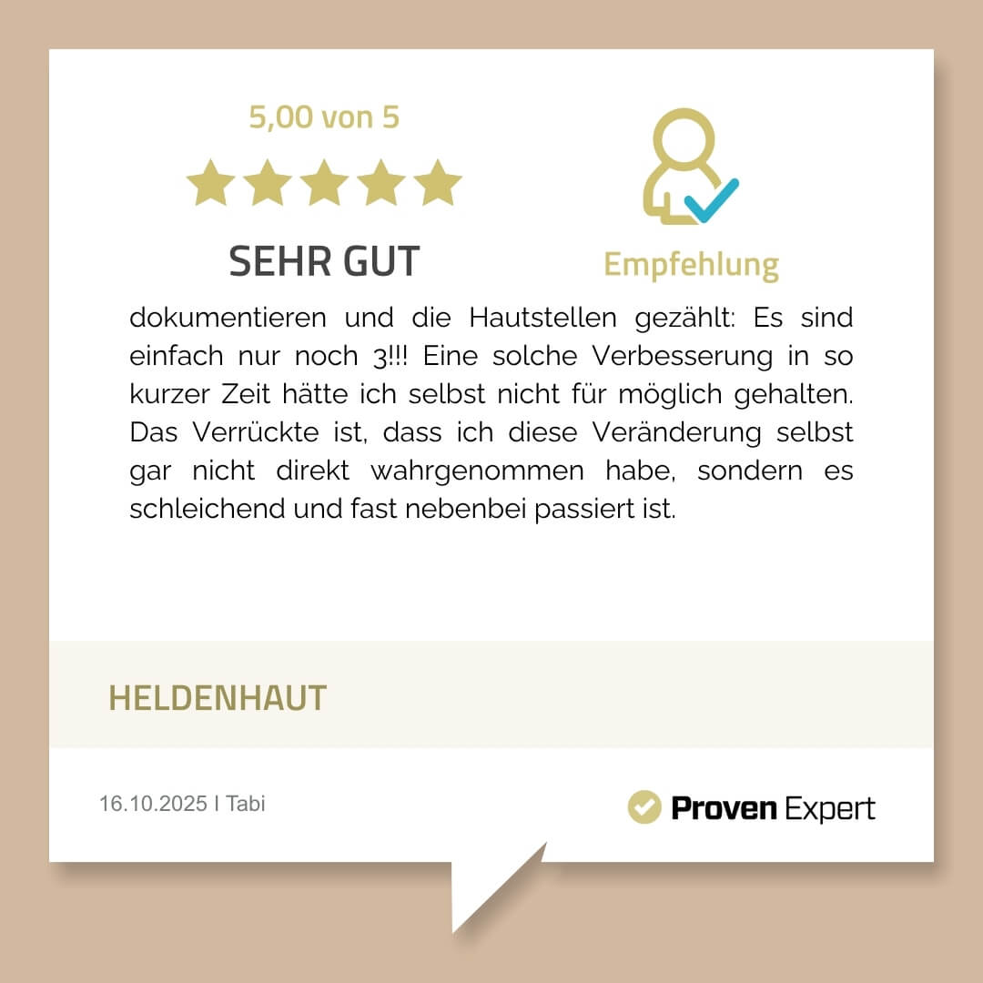 dokumentieren und die Hautstellen gezählt: Es sind einfach nur noch 3!!! Eine solche Verbesserung in so kurzer Zeit hätte ich selbst nicht für möglich gehalten. Das Verrückte ist, dass ich diese Veränderung selbst gar nicht direkt wahrgenommen habe, sondern es schleichend und fast nebenbei passiert ist.