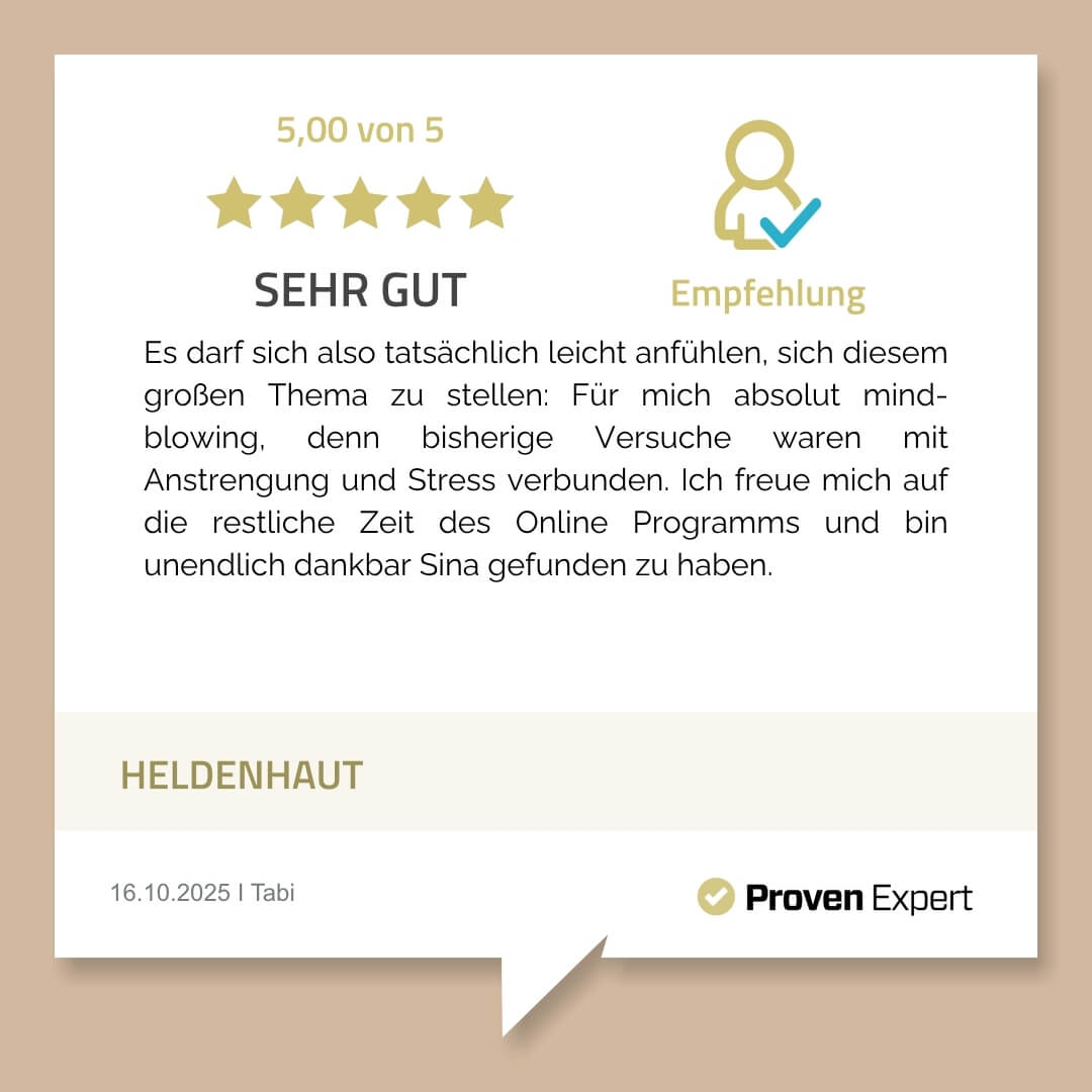 Es darf sich also tatsächlich leicht anfühlen, sich diesem großen Thema zu stellen: Für mich absolut mind-blowing, denn bisherige Versuche waren mit Anstrengung und Stress verbunden. Ich freue mich auf die restliche Zeit des Online Programms und bin unendlich dankbar Sina gefunden zu haben.