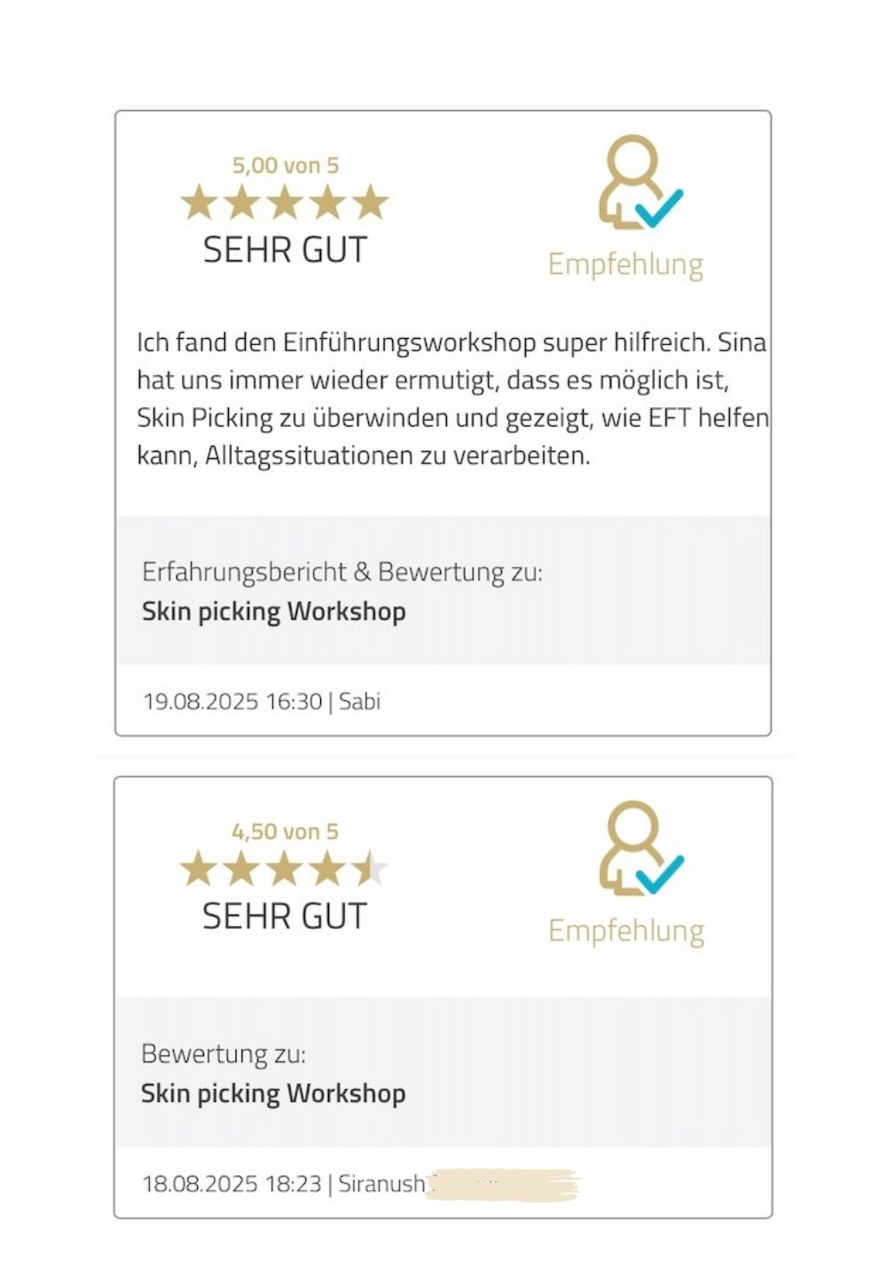 Ich fand den Einführungsworkshop super hilfreich. Sina hat uns immer wieder ermutigt, dass es möglich ist, Skin Picking zu überwinden und gezeigt, wie EFT helfen kann, Alltagssituationen zu verarbeiten.